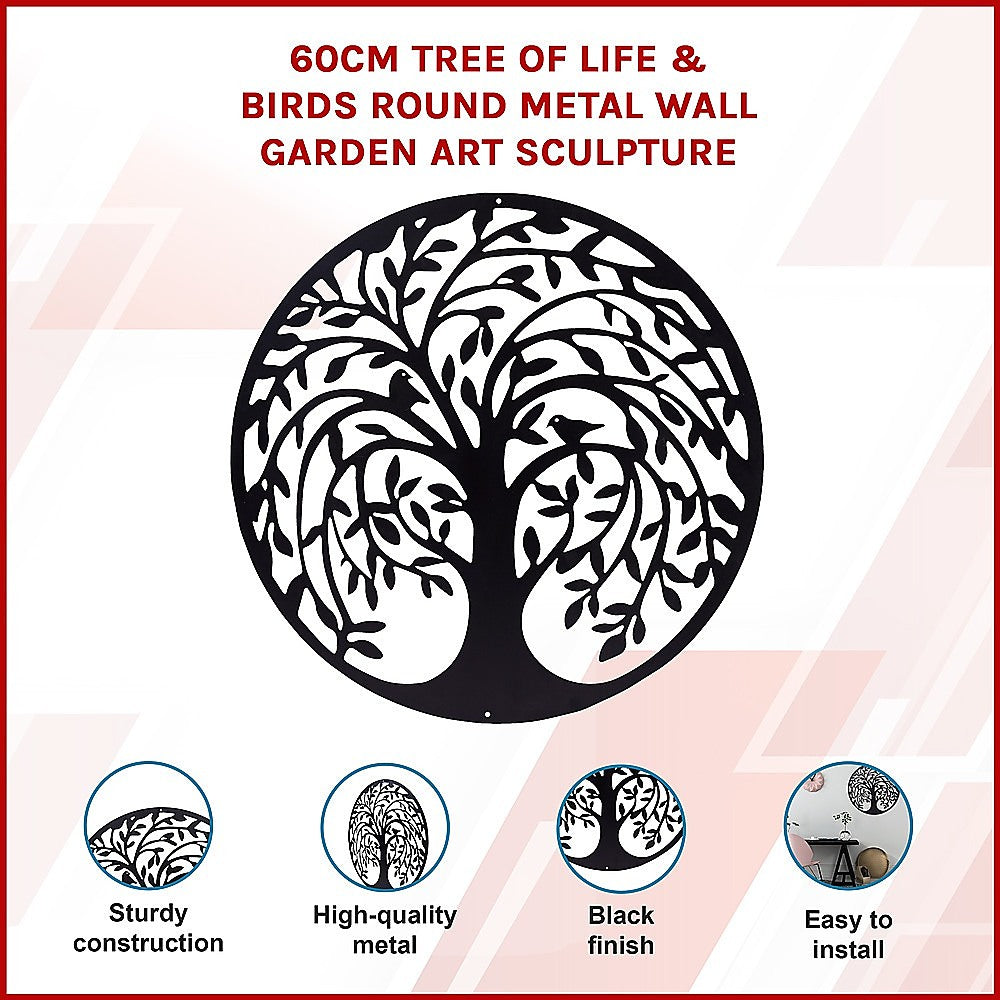 60cm Tree Of Life And Birds Round Metal Wall Garden Art Sculpture For Outdoor Decor