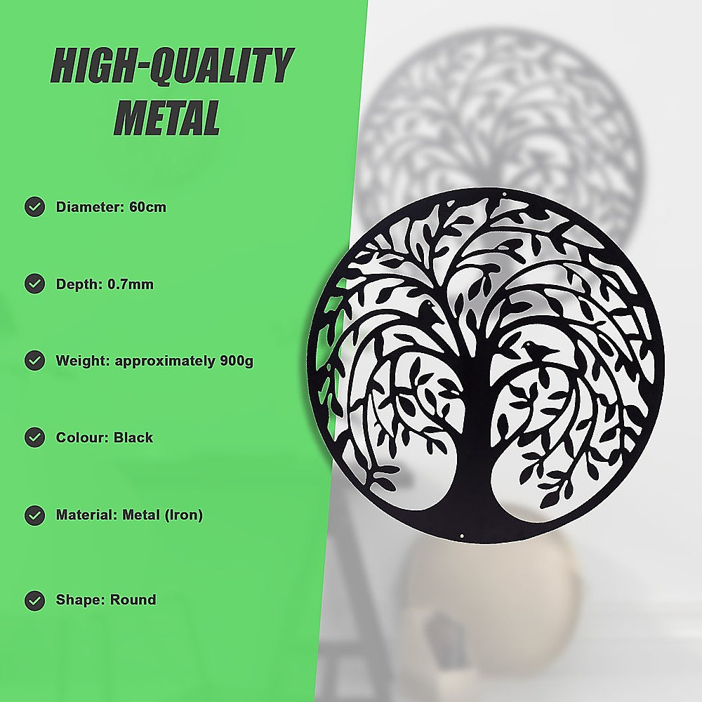 60cm Tree Of Life And Birds Round Metal Wall Garden Art Sculpture For Outdoor Decor