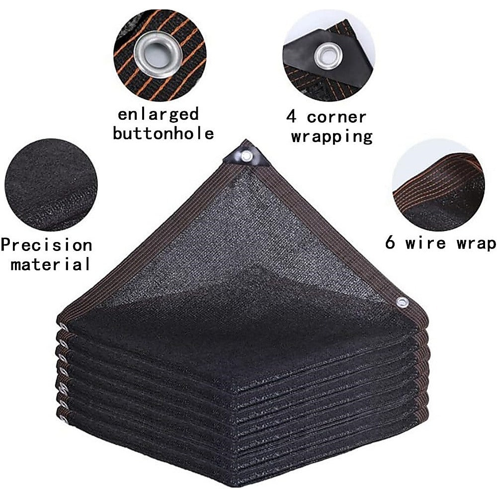 Black mesh privacy screen with corner wrapping, buttonholes, and reinforced edges