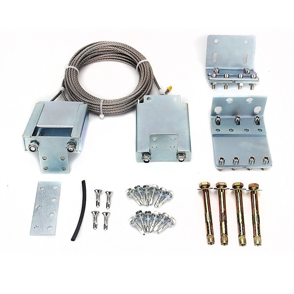 Sliding gate pulley system kit with steel brackets, cable, and mounting hardware