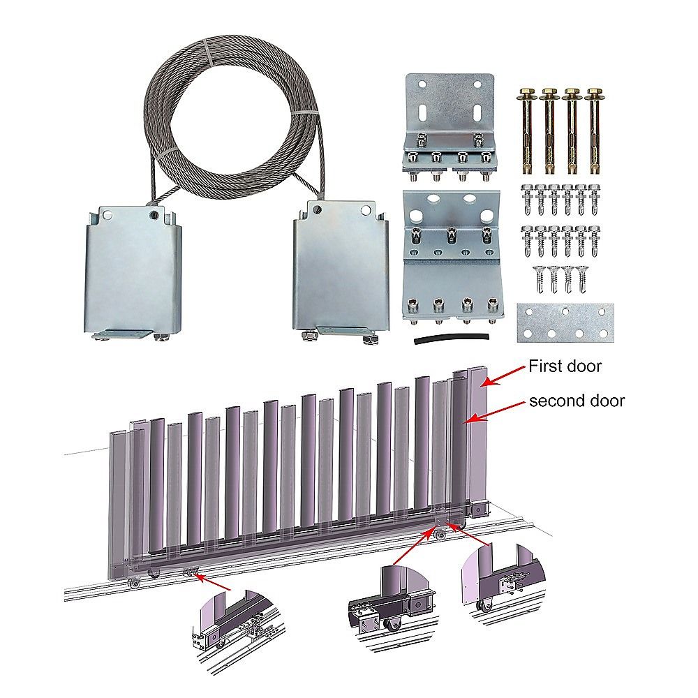 Sliding gate pulley system diagram showing wire rope, brackets, and two-door setup