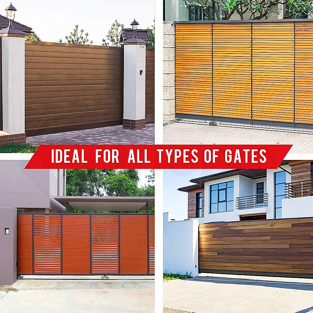 Assorted sliding gate installations showing track hardware on different gate styles