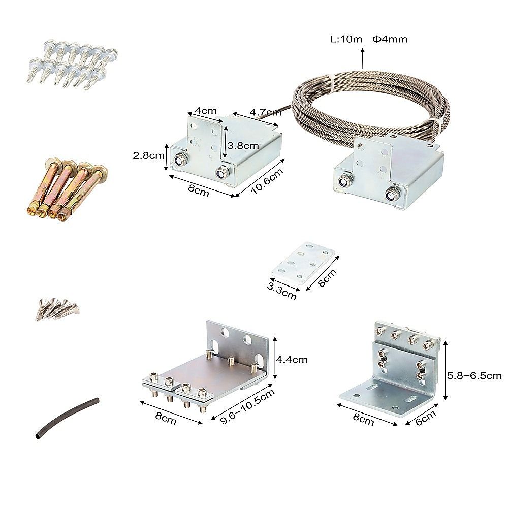 Sliding gate pulley system kit diagram with cable length and bracket size measurements