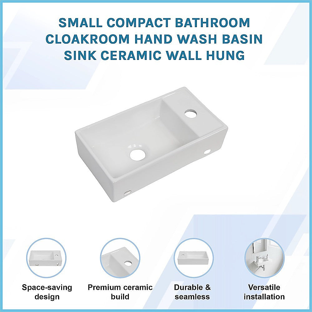 Wall-hung ceramic hand wash basin with tap hole and drain, rectangular white