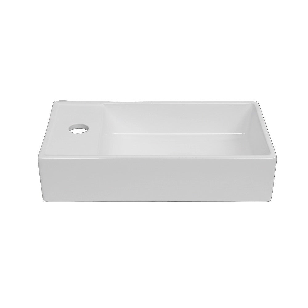Wall-hung ceramic hand wash basin in white, rectangular with tap hole
