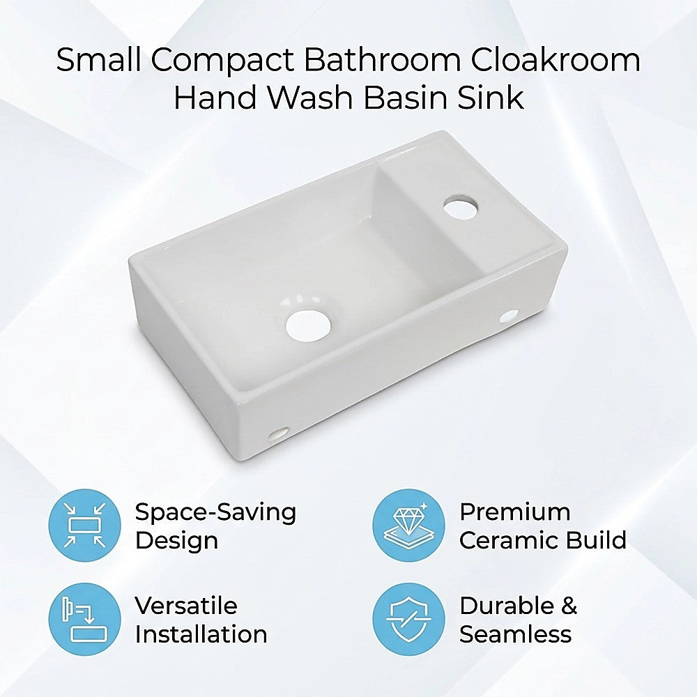 Wall-hung ceramic hand wash basin, rectangular white bowl with tap hole and drain