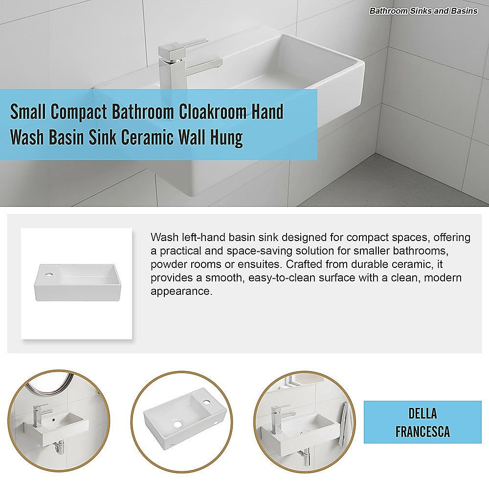 Wall-hung ceramic hand wash basin with tall mixer tap, rectangular white sink