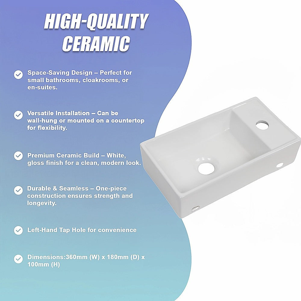 Wall-hung ceramic hand wash basin angled view, rectangular white bowl with tap hole