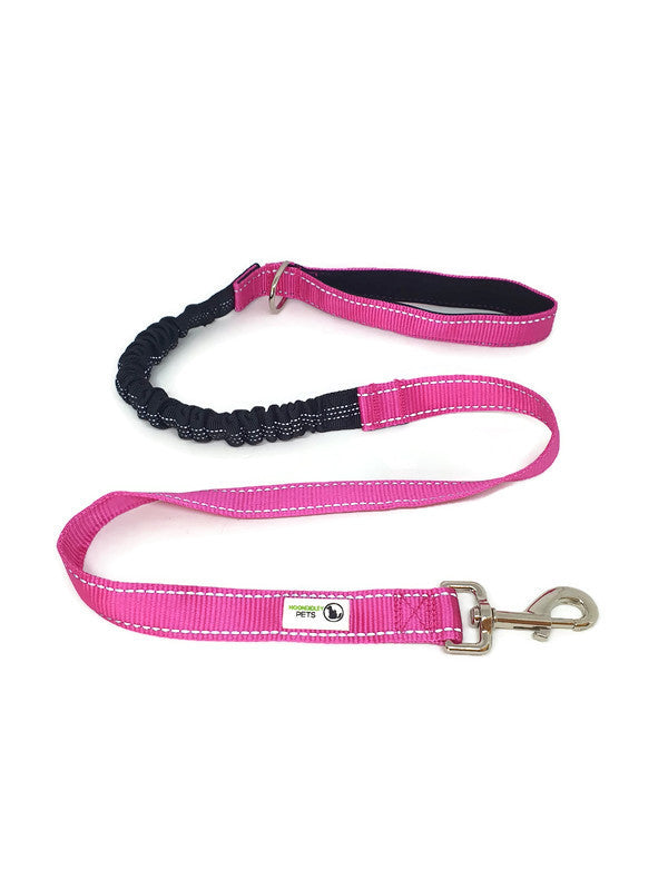 Pink nylon bungee dog lead with reflective stitching and metal clip