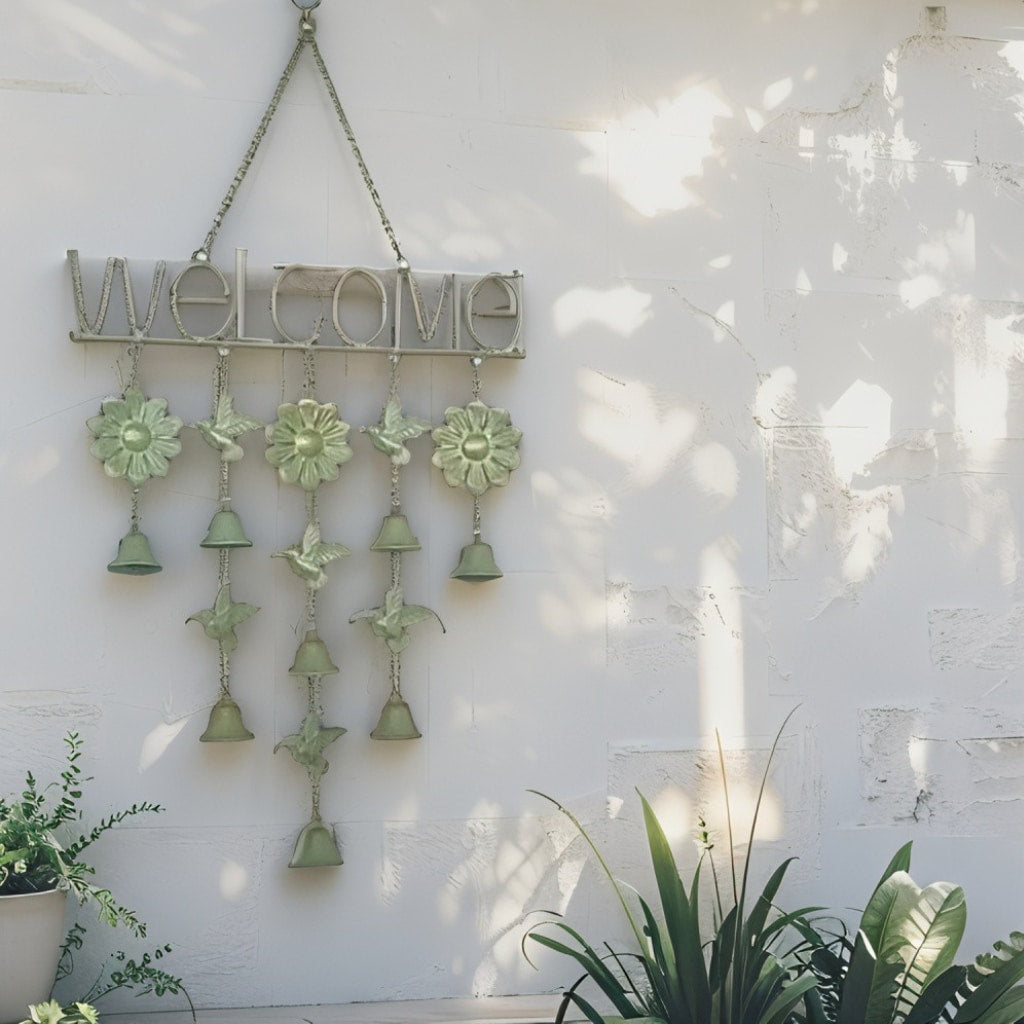 Hanging 'Welcome' Sign w Birds + Bells 85cm