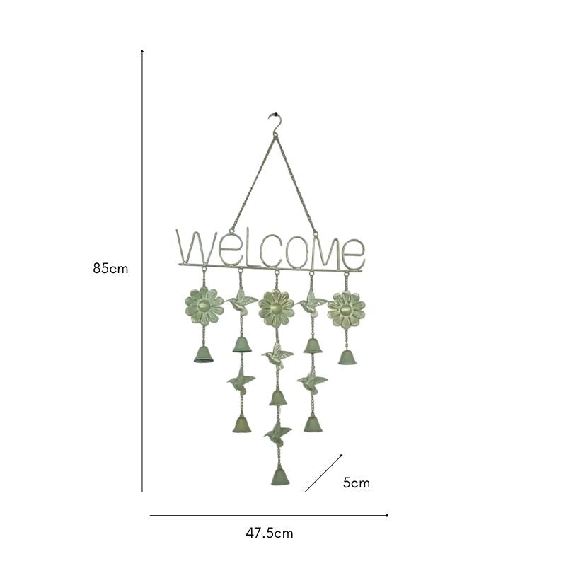 Hanging 'Welcome' Sign w Birds + Bells 85cm