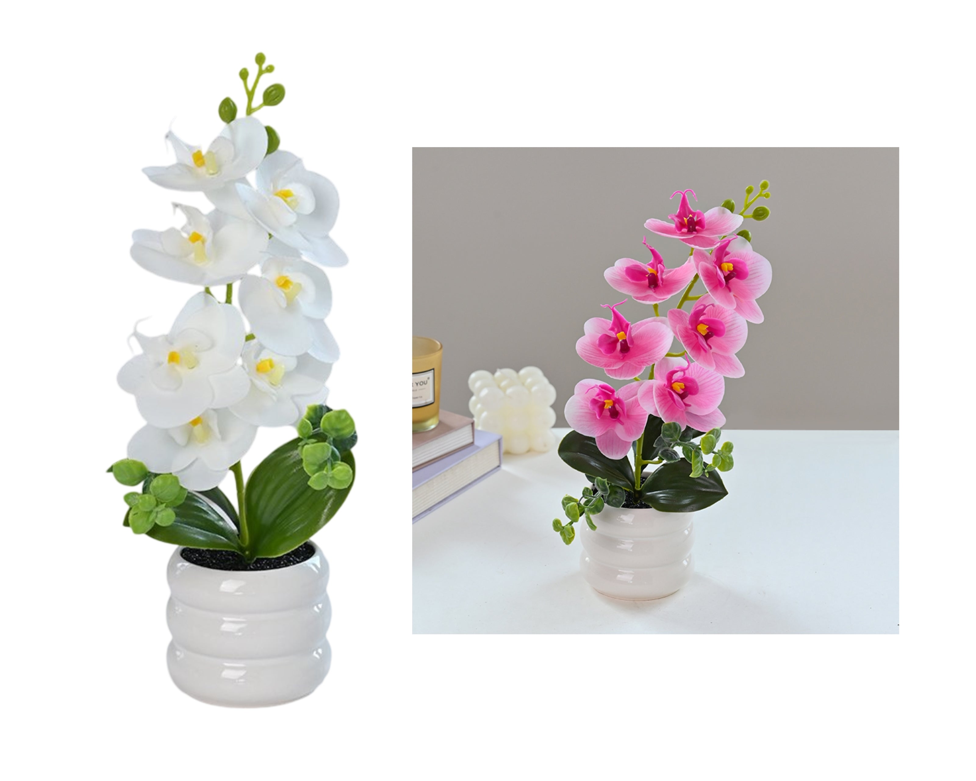 Artificial orchid plant assortment with white and pink blooms in white pots