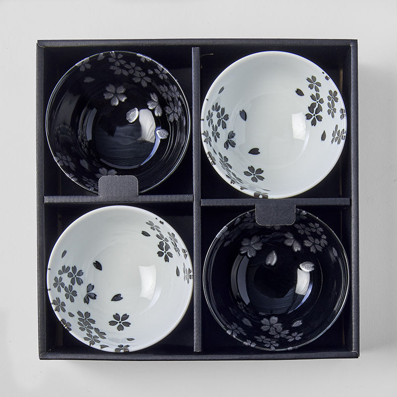 Bowl Set 4pcs Black White Sakura Design