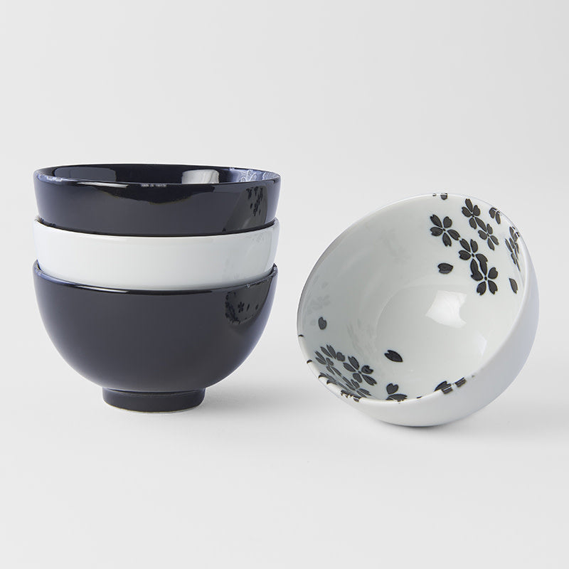 Bowl Set 4pcs Black White Sakura Design