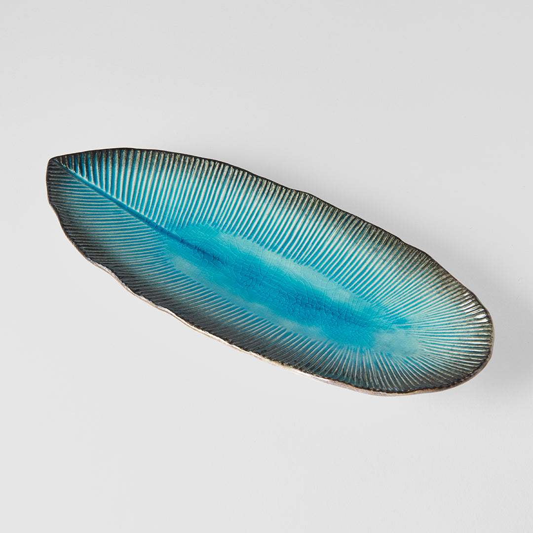 Plate Leaf Shape 32.5x13.5cm Sky Blue Glaze