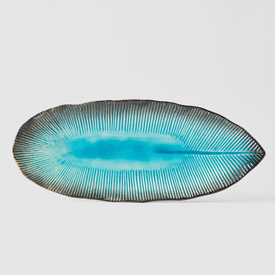 Plate Leaf Shape 32.5x13.5cm Sky Blue Glaze