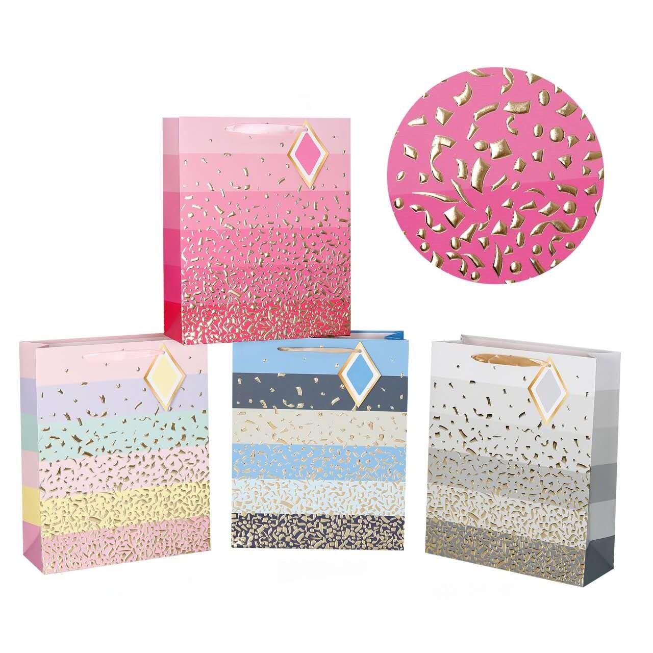 Set of 4 confetti luxe gift bags with gold diamond details, pastel colors, 18x23cm