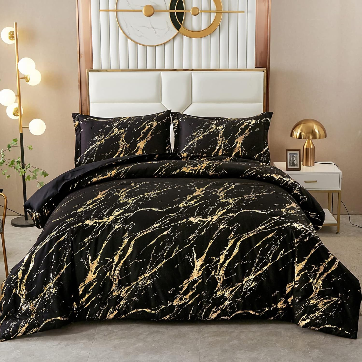 King comforter set with black cover and gold marble foil pattern, includes two shams