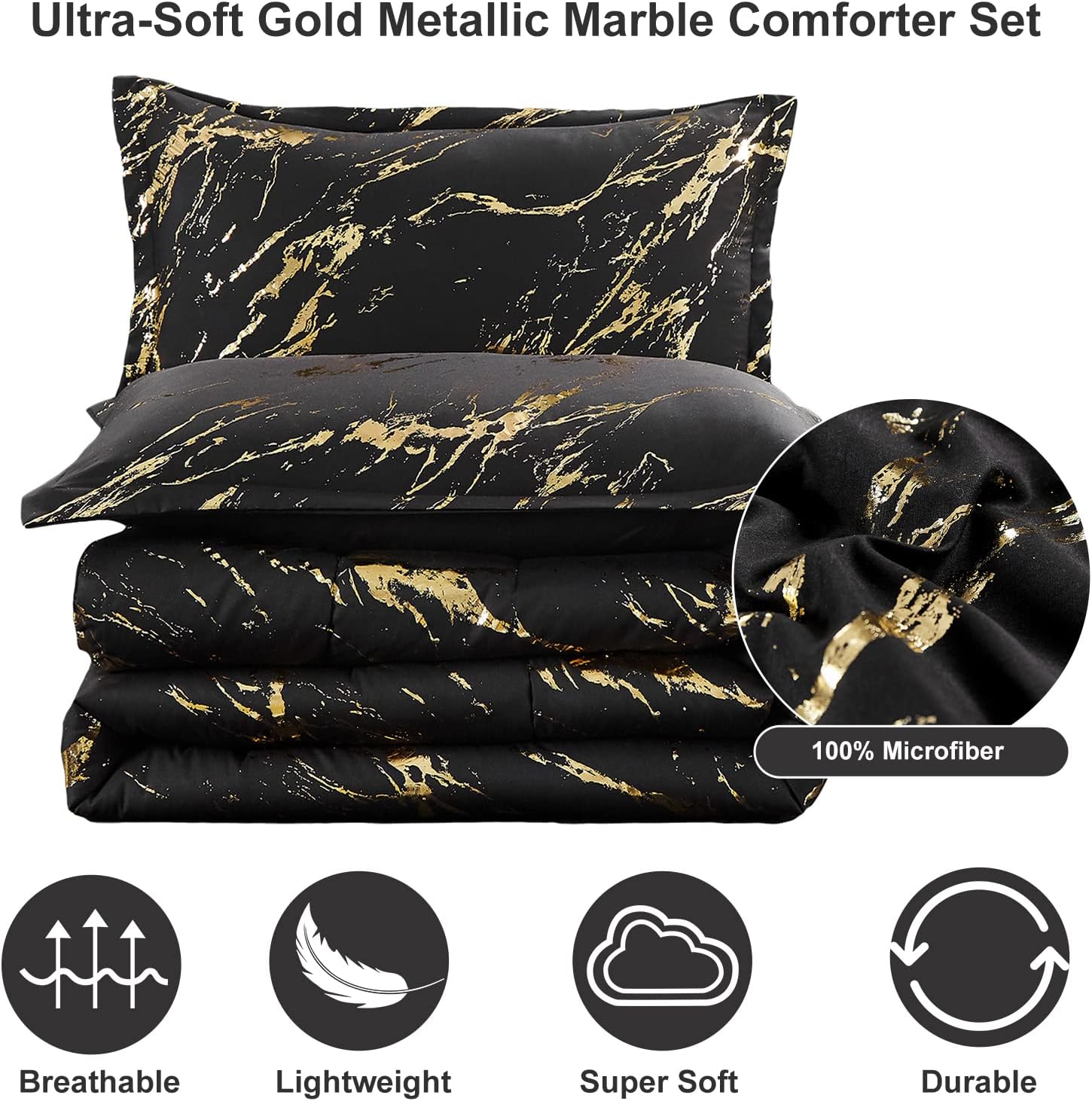 Black comforter with gold marble print and matching pillow sham, folded set