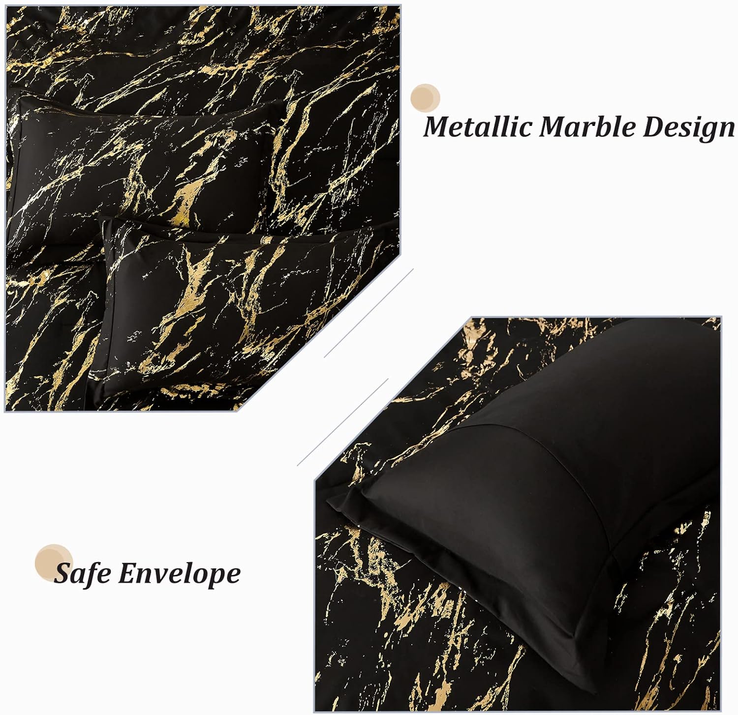 Gold marble foil print bedding with envelope-style pillow sham corner detail