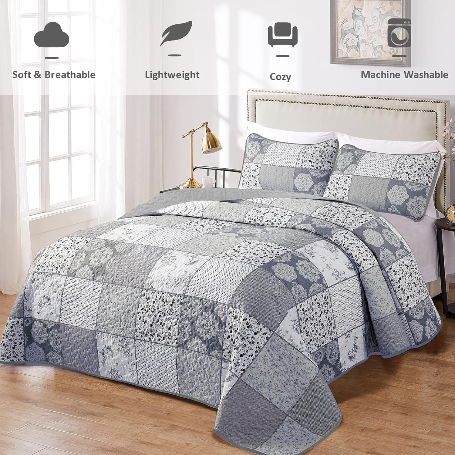 Quilted coverlet and pillowcases set with patchwork floral design in blue and white