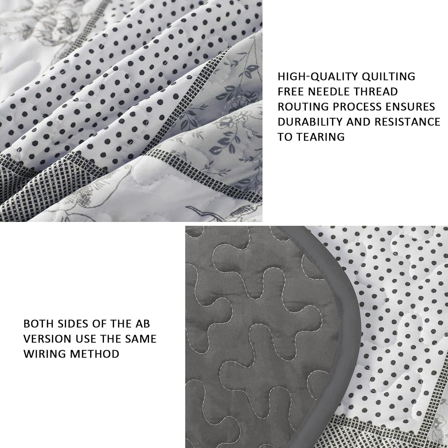 Quilted fabric panel with stitched pattern in blue and white patchwork motifs