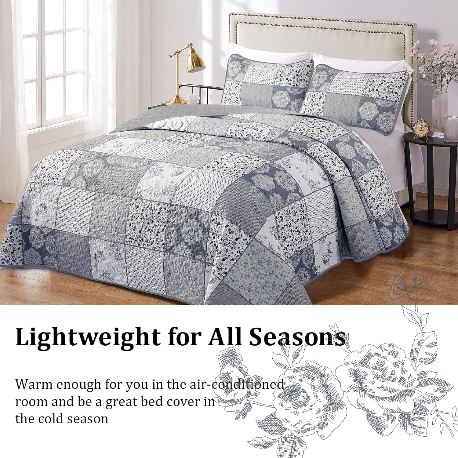 Quilted coverlet and pillowcases set in blue and white patchwork floral design