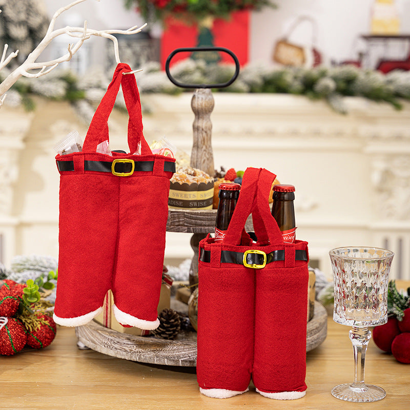 Red felt Christmas pants tote bag with belt buckle strap and carry handles.
