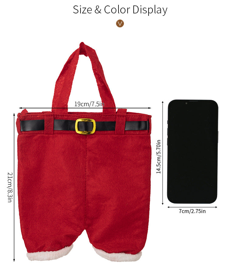 Red felt pants-shaped Christmas tote with black belt strap and yellow buckle.