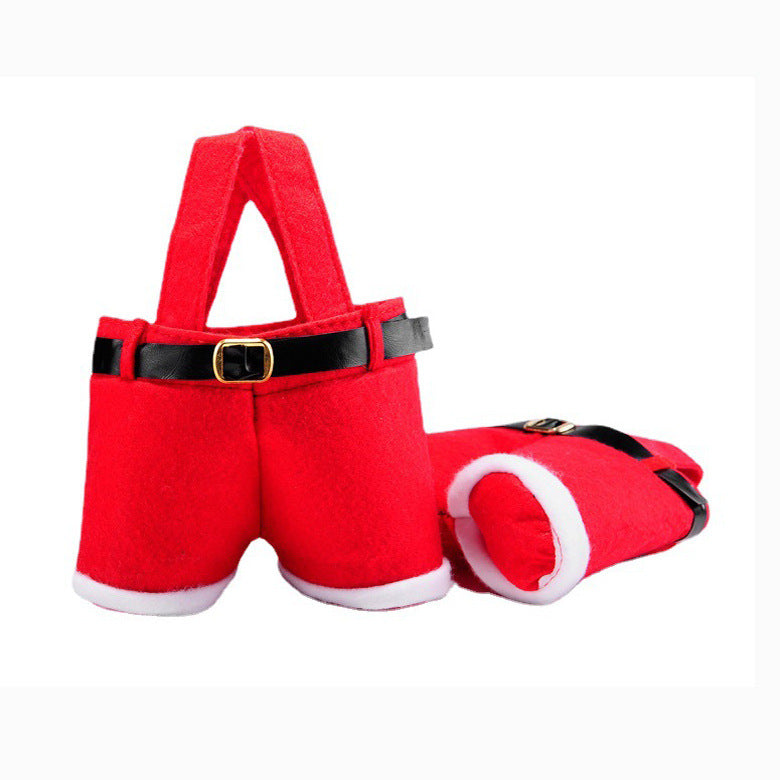 Red felt Christmas pants tote with black belt strap, holding a red-capped can.
