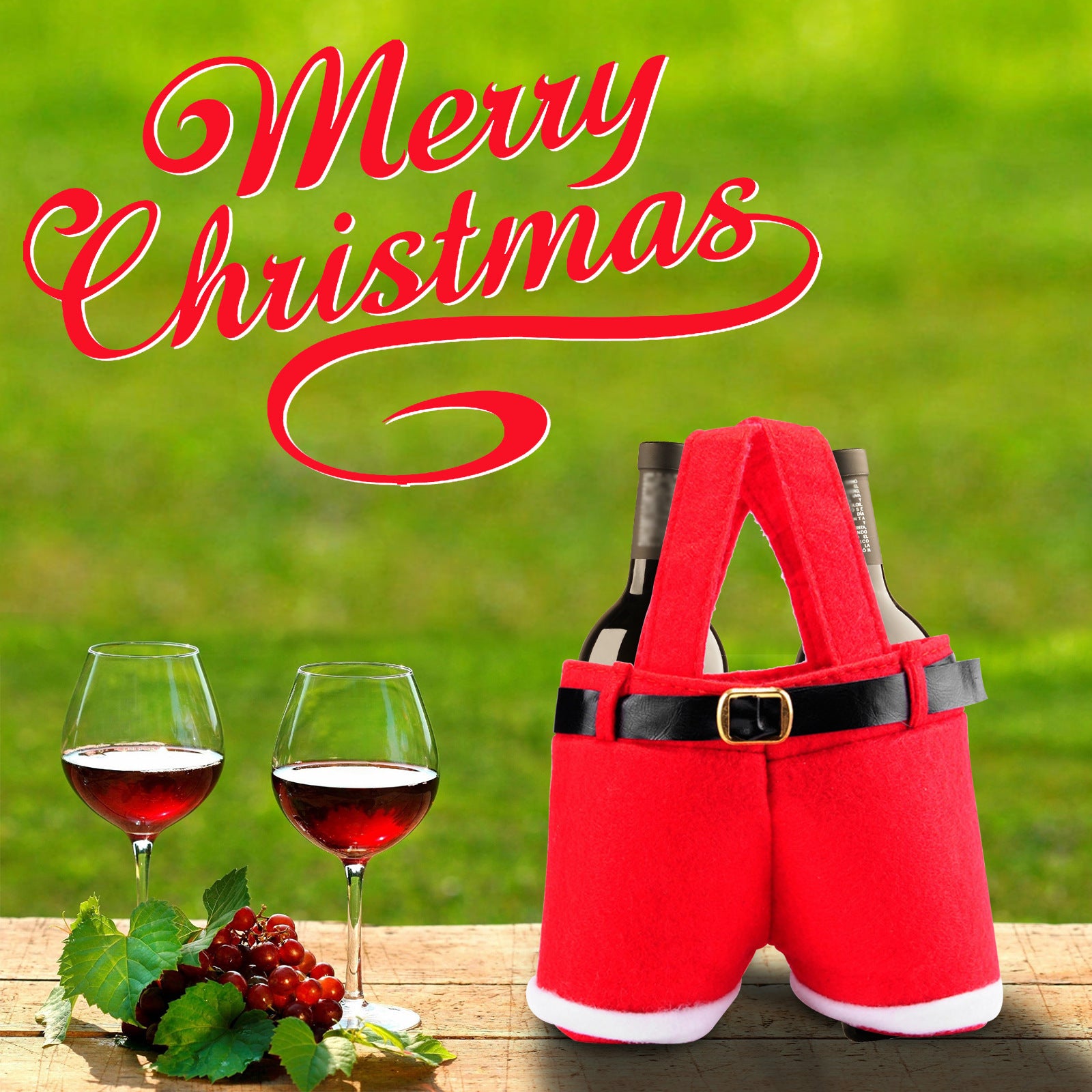 Red felt Christmas pants tote bag with black belt strap and yellow buckle, on table.