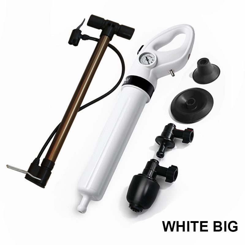 Toilet drain air blaster plunger with white handle, black nozzle tips, and hose