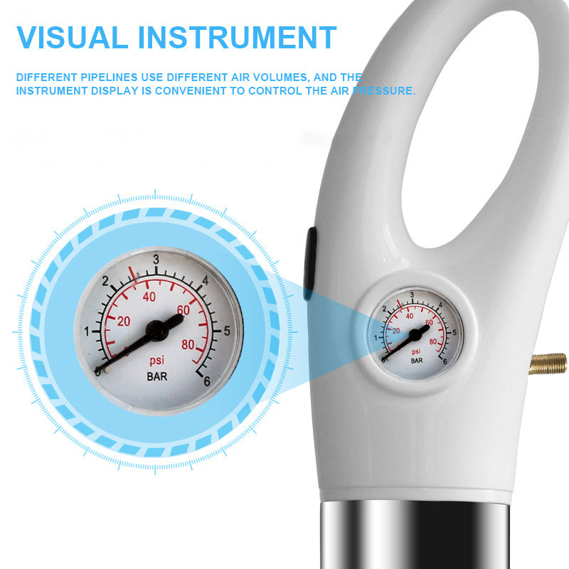 White air blaster plunger with pressure gauge dial on the handle and metal connector
