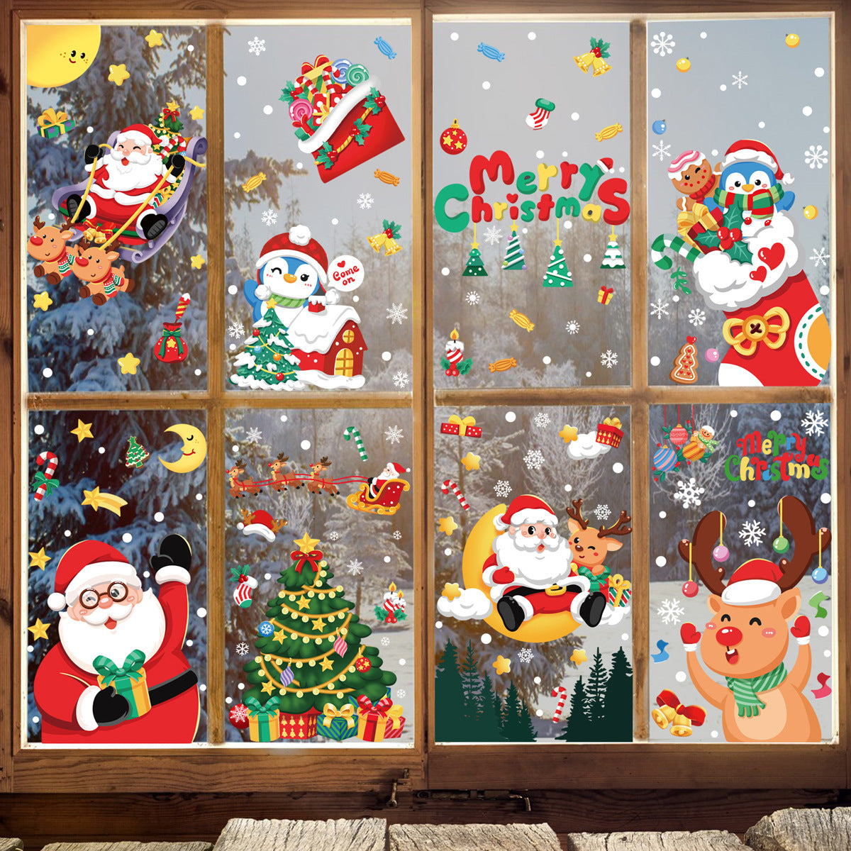 Christmas window decal sheet with Santa, penguin, reindeer and snowflake stickers