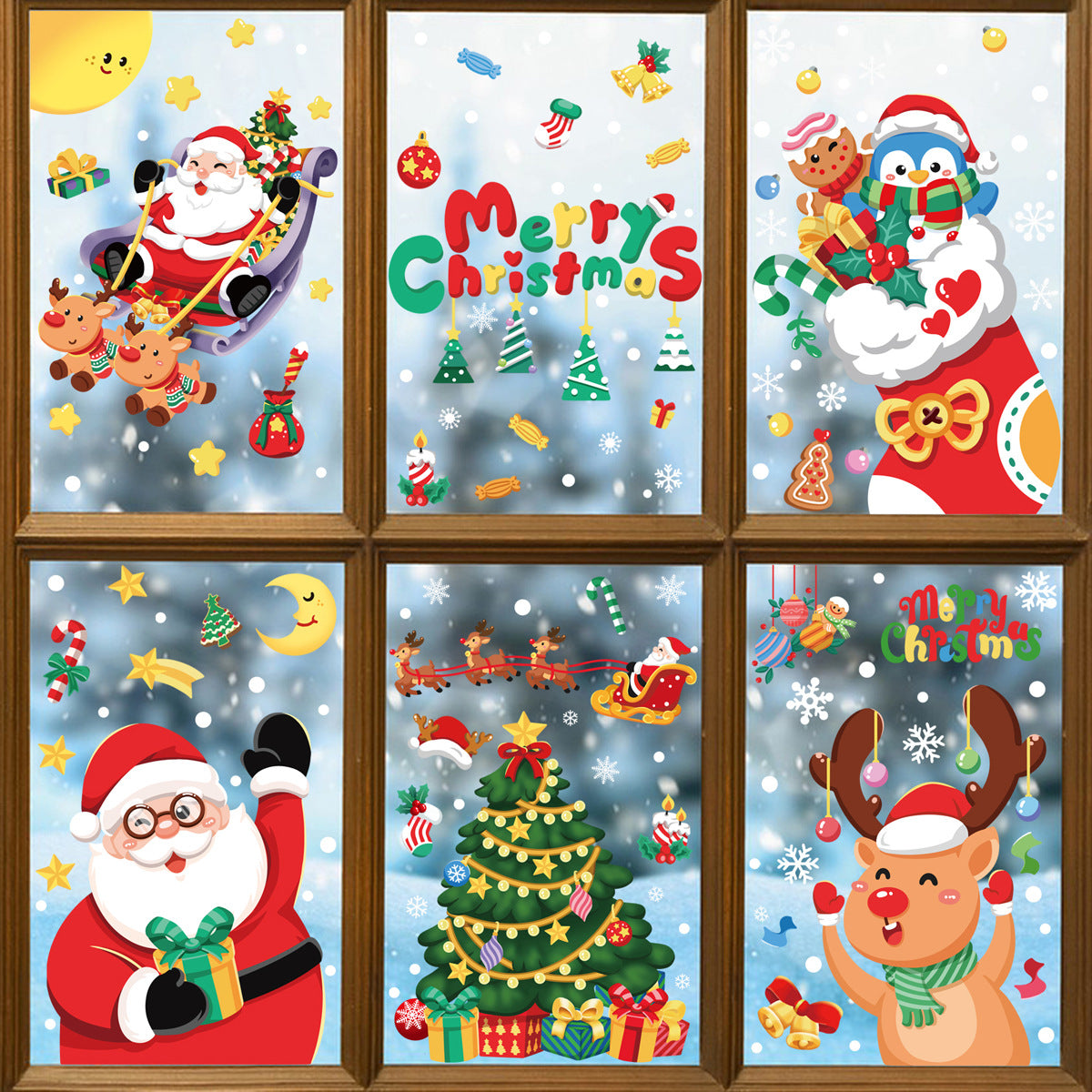 Set of colorful Christmas window decals featuring Santa and reindeer, penguin and tree