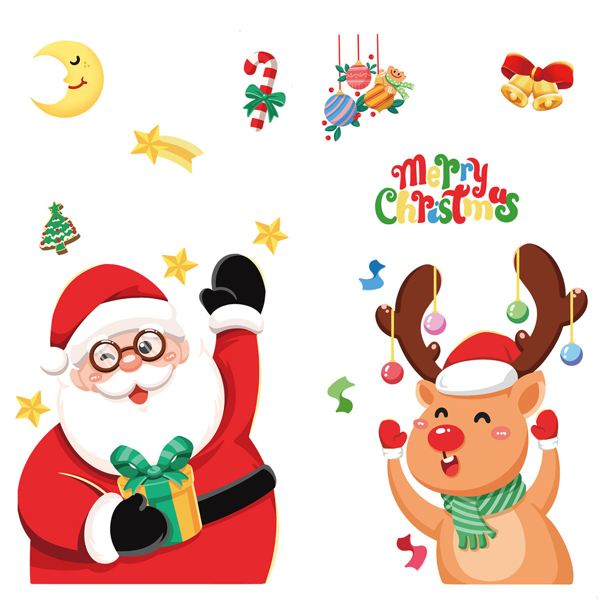 Christmas window decals close-up with Santa, reindeer, moon, stars and candy accents
