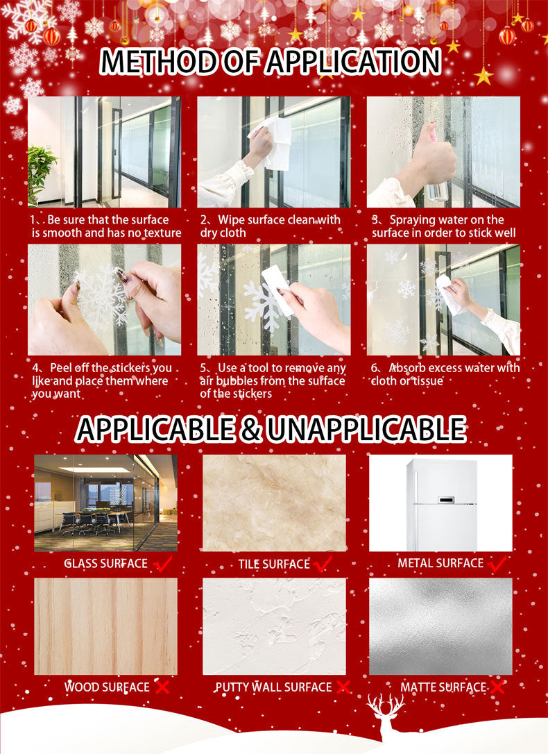 Christmas window sticker application guide with steps and surface type checklist