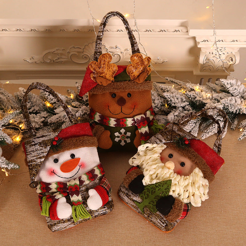 Christmas gift bag set featuring reindeer, snowman, and Santa designs with rope handles