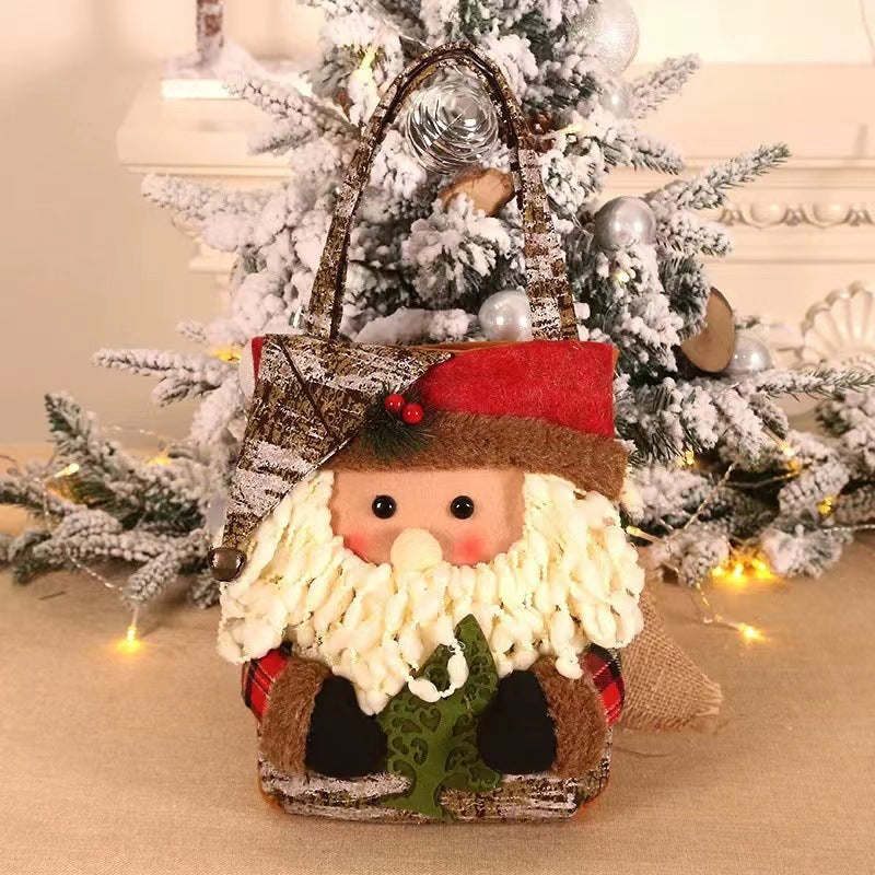 Santa Christmas gift bag with white beard, red hat, plaid pants, and rope handle
