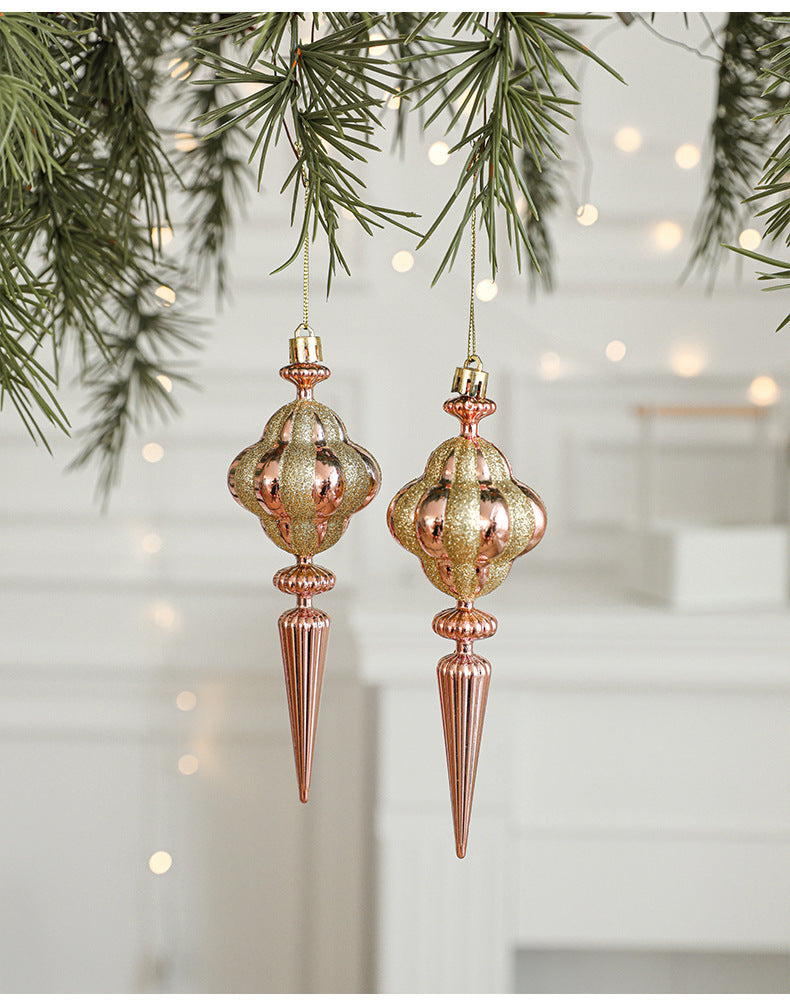 Gold & rose gold Christmas ornaments: round bauble tops with pointed finials, hanging pair