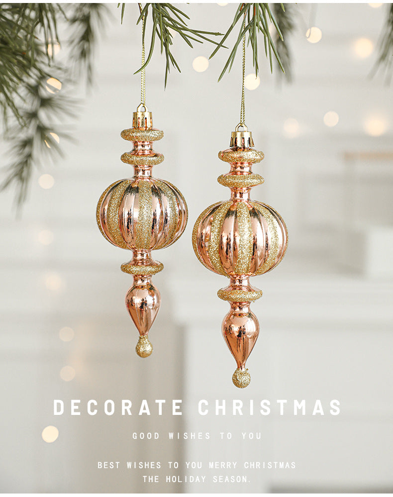 Rose gold Christmas ornaments, teardrop and round glass baubles with gold caps and hooks