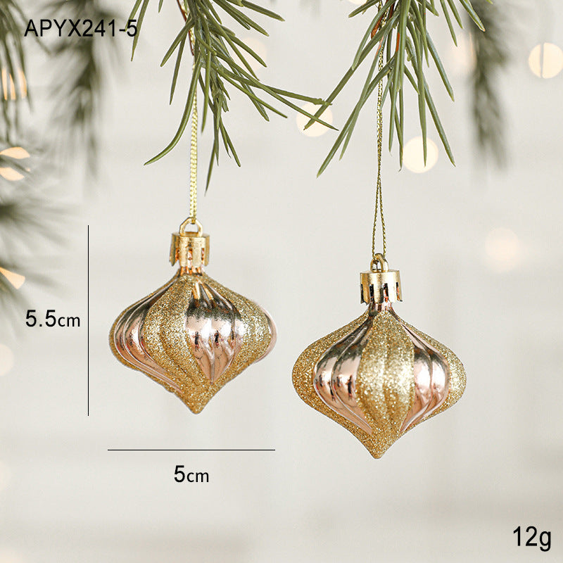 Gold and rose gold glitter bauble ornaments, teardrop shapes with hanging loops, 5–5.5 cm