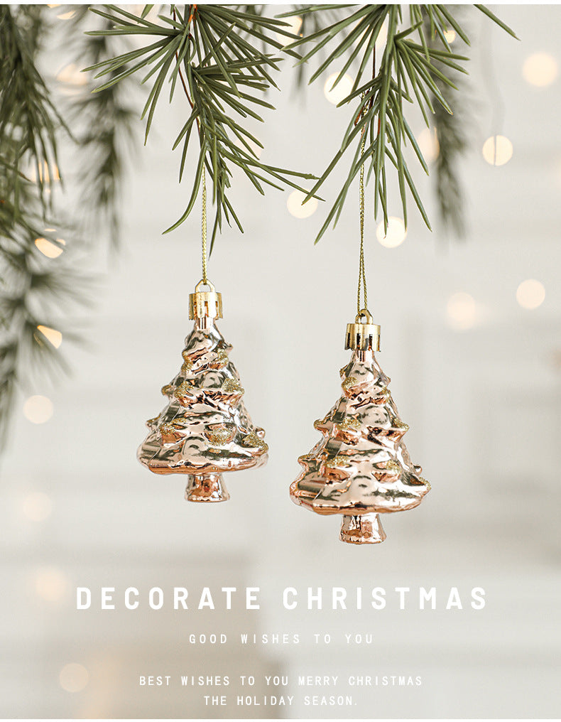 Gold-tone Christmas tree ornaments, hanging set with small tree shapes and gold caps