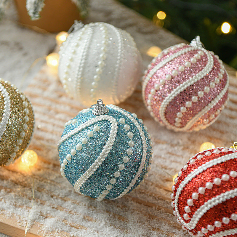 Blue glitter Christmas bauble with white pearl trim and striped design