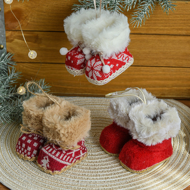 Knitted boot ornaments with faux fur trim, red plaid and white boots set