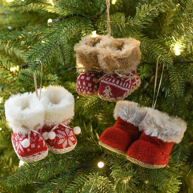 Hanging knitted boot ornaments with faux fur trim, tan, red, and white boots