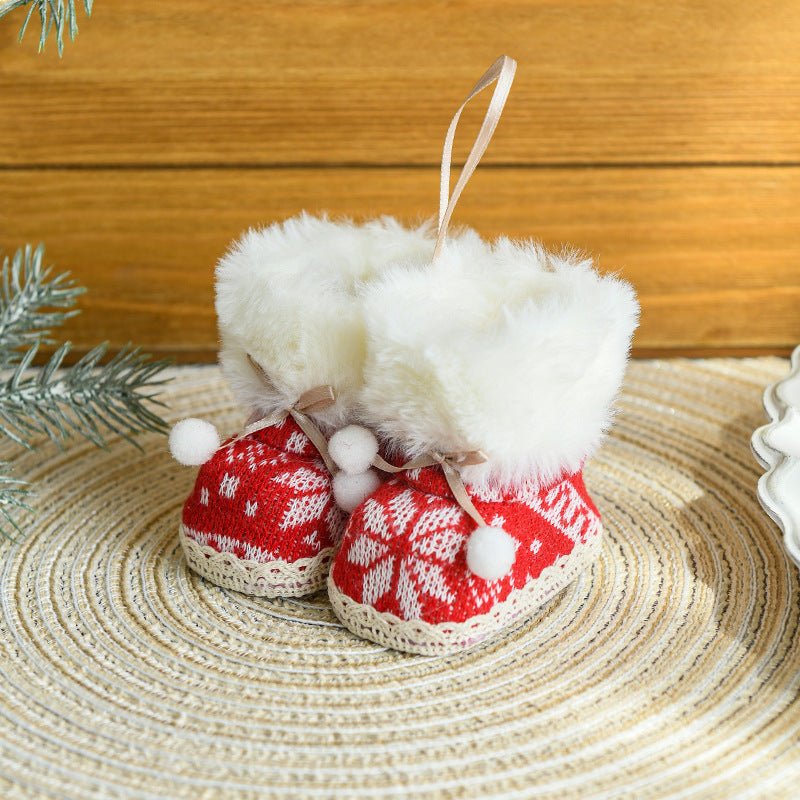 Knitted boot ornament pair with faux fur cuffs, red plaid with white knit