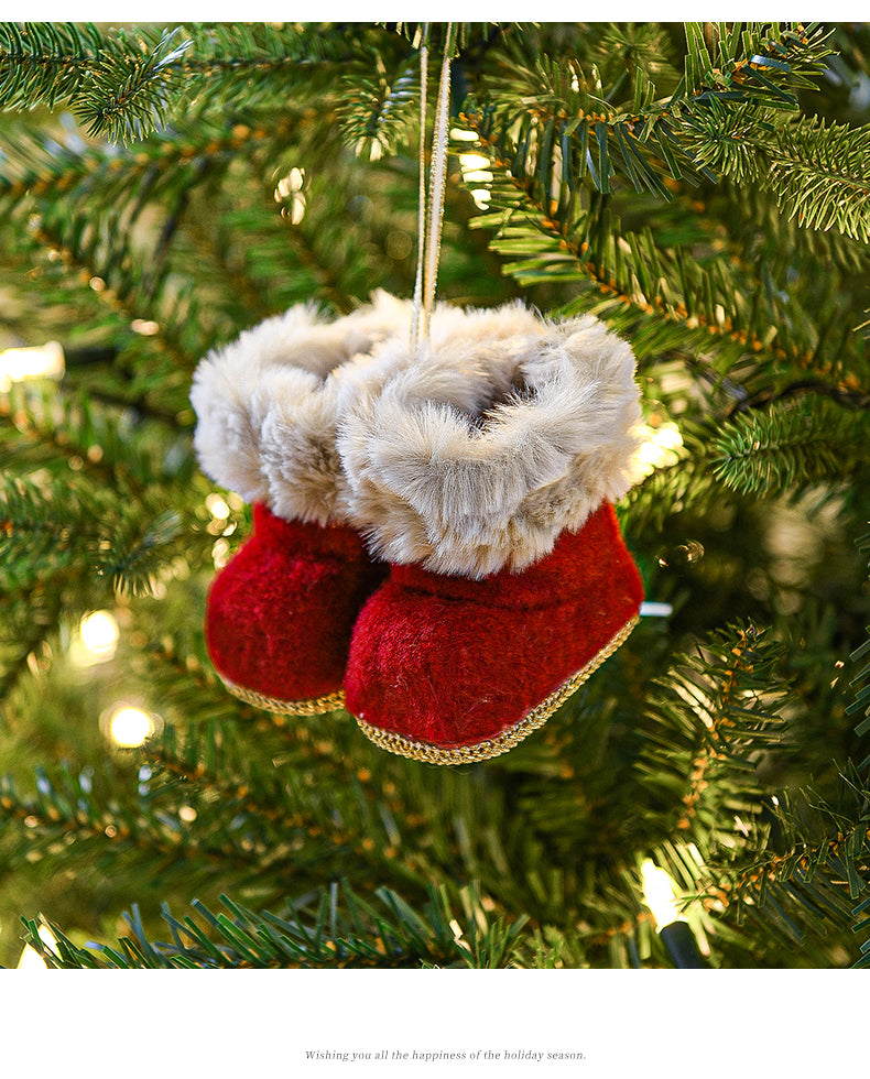 Hanging knitted boot ornament with faux fur trim, red felt boots and cream cuffs