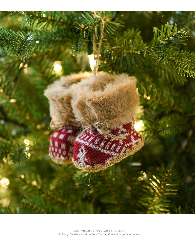 Hanging knitted boot ornament with faux fur trim, tan boots with red patterned knit