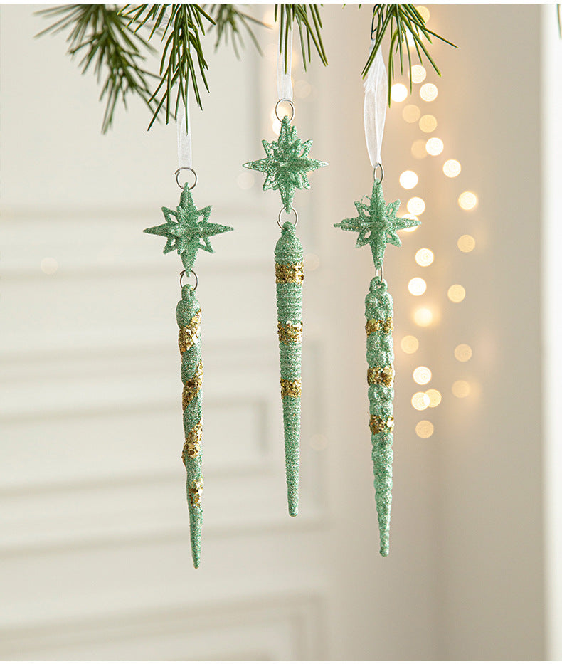 Green glitter icicle ornaments set of 3 with star tops, hanging loops